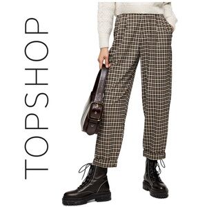 TOPSHOP High Waisted Brown Black Plaid Ankle Trouser Pants | Wide Tapered Leg